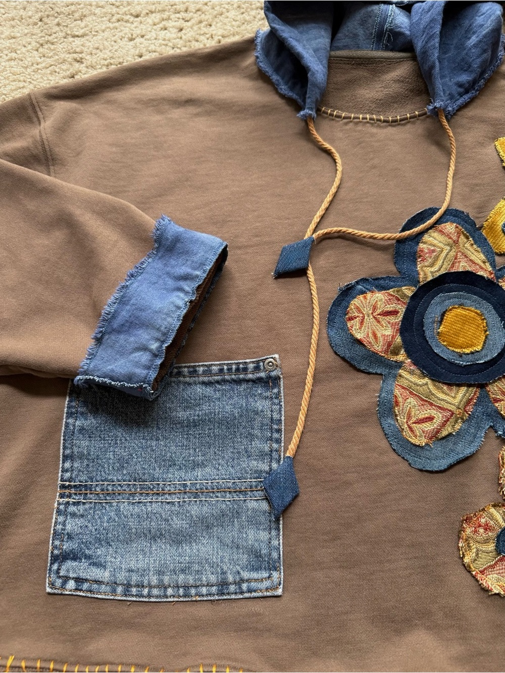 OOAK Handmade Upcycled Hoodie L/XL Eco Dyed Cotton Denim Patchwork Boho Floral - Picture 11 of 13